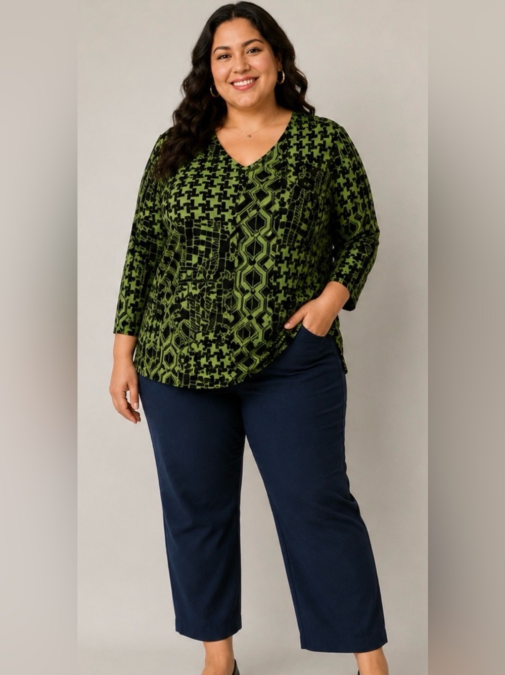 2pc Set-Women with Control Petite Printed Top and Solid Pant Knit 1XP NEW A71908